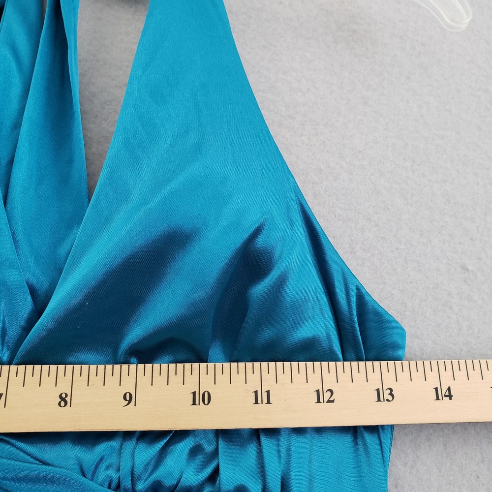 Vtg Jodi Kristopher Teal Blue Satin Halter Dress M Ruched Pleated Y2K Prom READ - Picture 7 of 15
